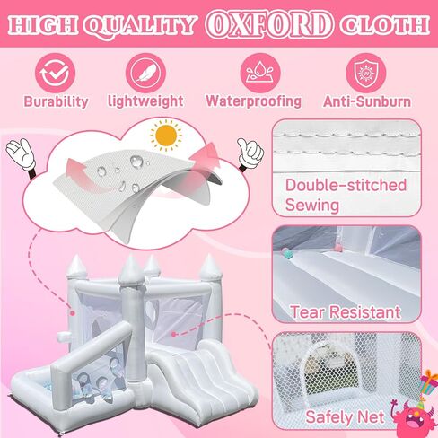 منزل ترتد أبيض ، منزل ترتد داخلي قابل للنفخ للأطفال 3-6 مع حفرة الكرة والشرائح ، قلعة نطاط في الهواء الطلق لحفل عيد ميلاد هدايا الفناء الخلفي in Kuwait