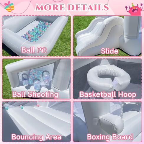 منزل ترتد أبيض ، منزل ترتد داخلي قابل للنفخ للأطفال 3-6 مع حفرة الكرة والشرائح ، قلعة نطاط في الهواء الطلق لحفل عيد ميلاد هدايا الفناء الخلفي in Kuwait