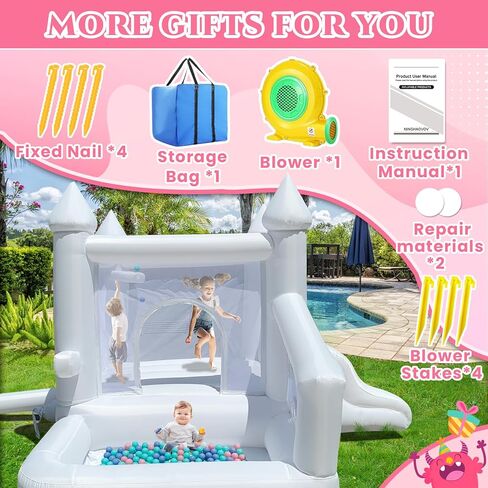 منزل ترتد أبيض ، منزل ترتد داخلي قابل للنفخ للأطفال 3-6 مع حفرة الكرة والشرائح ، قلعة نطاط في الهواء الطلق لحفل عيد ميلاد هدايا الفناء الخلفي in Kuwait