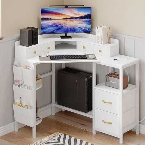 Corner Desk with 6 Drawers Shelves for Small Space Computer Desk with Power Outlets,Gaming Desk with Printer Monitor Stand Storage for Home Office Workstation Writing Table (White, 31.5) in Kuwait