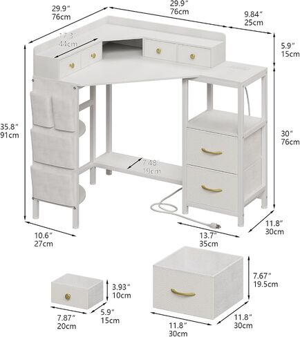 Corner Desk with 6 Drawers Shelves for Small Space Computer Desk with Power Outlets,Gaming Desk with Printer Monitor Stand Storage for Home Office Workstation Writing Table (White, 31.5) in Kuwait