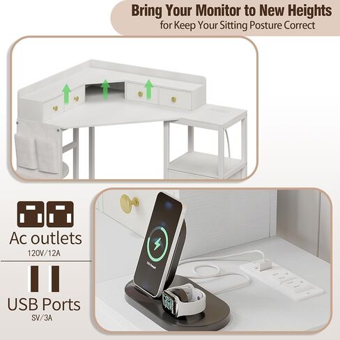 Corner Desk with 6 Drawers Shelves for Small Space Computer Desk with Power Outlets,Gaming Desk with Printer Monitor Stand Storage for Home Office Workstation Writing Table (White, 31.5) in Kuwait