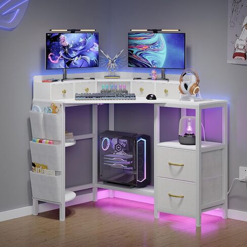 Corner Desk with 6 Drawers Shelves for Small Space Computer Desk with Power Outlets,Gaming Desk with Printer Monitor Stand Storage for Home Office Workstation Writing Table (White, 31.5) in Kuwait