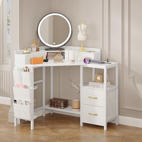 Corner Desk with 6 Drawers Shelves for Small Space Computer Desk with Power Outlets,Gaming Desk with Printer Monitor Stand Storage for Home Office Workstation Writing Table (White, 31.5) in Kuwait