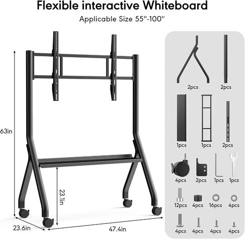 Smart Board Stand for 55-100 Inch Interactive Whiteboard, Height Adjustable Mobile Stand with 4 Lockable Rolling Wheels for Smartboard in Saudi Arabia