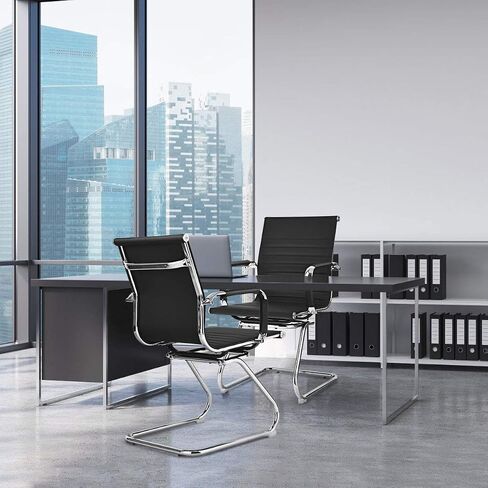 Giantex Office Reception Chairs Set with Arm, Anti-Slip Foot Pads, PU Leather Home Office Chair for Guest, Meeting, Conference, Waiting Room, Lobby, Desk Chair No Wheels (Black, 2 Pack) in Saudi Arabia
