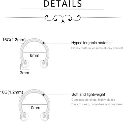 LAURITAMI 18G 20G Clear Bioflex Bone Pin Nose Ring Stud Retainer Body Jewelry Piercing Top Flat 2mm for Women Men in Kuwait