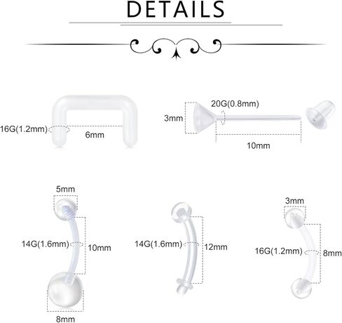 LAURITAMI 18G 20G Clear Bioflex Bone Pin Nose Ring Stud Retainer Body Jewelry Piercing Top Flat 2mm for Women Men in Kuwait