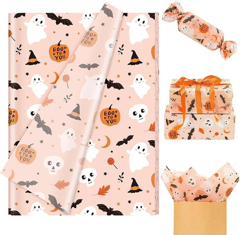 Whaline 60 Sheets Halloween Tissue Paper Cute Pumpkin Ghost Bats Gift Paper Orange Boho DIY Art Crafts Tissue لعطلة عيد ميلاد استحمام الطفل ، 13.8 × 19.7 بوصة in Kuwait