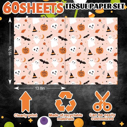 Whaline 60 Sheets Halloween Tissue Paper Cute Pumpkin Ghost Bats Gift Paper Orange Boho DIY Art Crafts Tissue لعطلة عيد ميلاد استحمام الطفل ، 13.8 × 19.7 بوصة in Kuwait