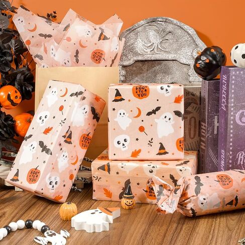 Whaline 60 Sheets Halloween Tissue Paper Cute Pumpkin Ghost Bats Gift Paper Orange Boho DIY Art Crafts Tissue لعطلة عيد ميلاد استحمام الطفل ، 13.8 × 19.7 بوصة in Kuwait