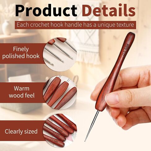QMNNMA 0.5 mm Crochet Hook, Ergonomic Hand-Polished Wooden Handle Crochet Hook for Arthritic Hands, Available in 0.5 mm- 3 mm for Beginners, and Crocheting Yarn（2Pcs） in Kuwait