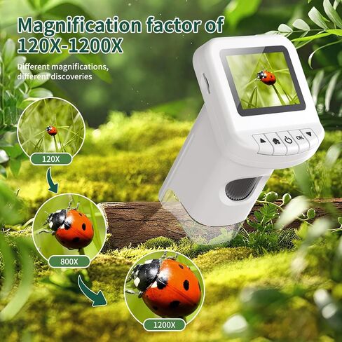 1200X Handheld Portable Microscope for Kids Digital Scope 2.0" Screen Rechargeable STEM Toy Slide Kit Pocket Science Gift for Children Ages 6-12 Students (White) in Saudi Arabia