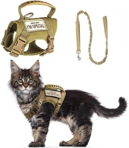 Tactical Cat Harness & Leash Set - Escape-Proof Adjustable for Walking Small Dog Vest Harness with Patches, Soft Mesh Padding and Rubber Handle for Easy Control (Khaki) in Kuwait