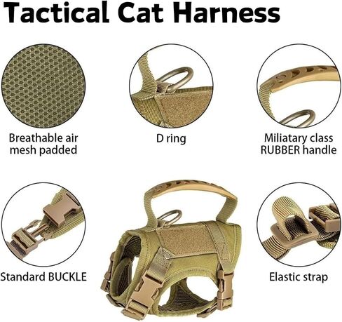 Tactical Cat Harness & Leash Set - Escape-Proof Adjustable for Walking Small Dog Vest Harness with Patches, Soft Mesh Padding and Rubber Handle for Easy Control (Khaki) in Kuwait