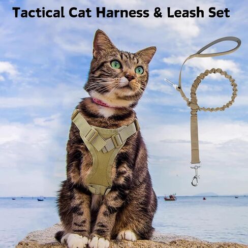 Tactical Cat Harness & Leash Set - Escape-Proof Adjustable for Walking Small Dog Vest Harness with Patches, Soft Mesh Padding and Rubber Handle for Easy Control (Khaki) in Kuwait