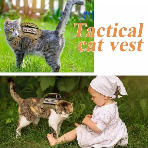 Tactical Cat Harness & Leash Set - Escape-Proof Adjustable for Walking Small Dog Vest Harness with Patches, Soft Mesh Padding and Rubber Handle for Easy Control (Khaki) in Kuwait