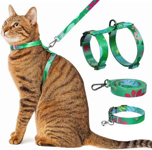 تسخير القطط ومقود مع طوق مطابق-Escape Proof Harness على طراز H للقطط ، قابلة للتعديل وخفيفة الوزن ، طباعة أوراق هاواي الاستوائية ، وارتداء سهلة للمشي والتدريب في الهواء الطلق in Kuwait