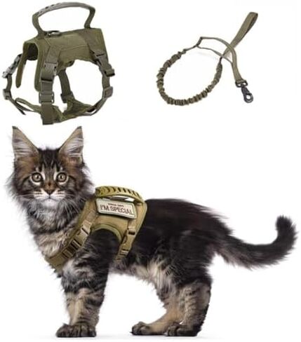Tactical Cat Harness & Leash Set - Escape-Proof Adjustable for Walking Small Dog Vest Harness with Patches, Soft Mesh Padding and Rubber Handle for Easy Control (Khaki) in Kuwait