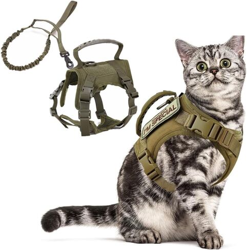 Tactical Cat Harness & Leash Set - Escape-Proof Adjustable for Walking Small Dog Vest Harness with Patches, Soft Mesh Padding and Rubber Handle for Easy Control (Khaki) in Kuwait