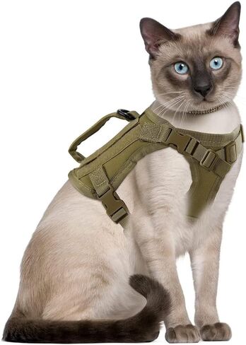 Tactical Cat Harness & Leash Set - Escape-Proof Adjustable for Walking Small Dog Vest Harness with Patches, Soft Mesh Padding and Rubber Handle for Easy Control (Khaki) in Kuwait