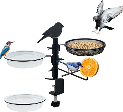 Deck Railing Bird Feeder for Balcony with Platform Metal Mesh Tray,2 Bird Bath Water Bowls and Fruit Station,Deck Rail Mounted Birds Feeder for Outside Wild Birds&Squirrel in Saudi Arabia