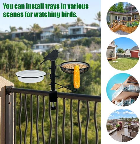 Deck Railing Bird Feeder for Balcony with Platform Metal Mesh Tray,2 Bird Bath Water Bowls and Fruit Station,Deck Rail Mounted Birds Feeder for Outside Wild Birds&Squirrel in Saudi Arabia