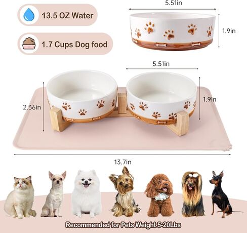Ceramic Dog Bowls for Small and Medium Dogs, 32 OZ Dog Food and Water Bowl Set with Wooden Stand and Non-Slip Silicone Food Mat, Weighted Embossed Cute Puppy Bowls Feeding Dishes Set of 2 in Saudi Arabia