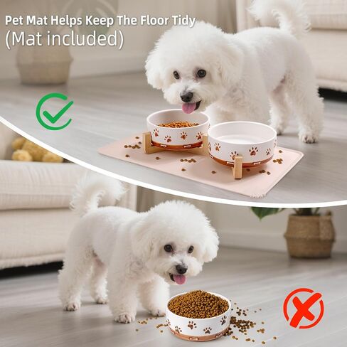 Ceramic Dog Bowls for Small and Medium Dogs, 32 OZ Dog Food and Water Bowl Set with Wooden Stand and Non-Slip Silicone Food Mat, Weighted Embossed Cute Puppy Bowls Feeding Dishes Set of 2 in Saudi Arabia