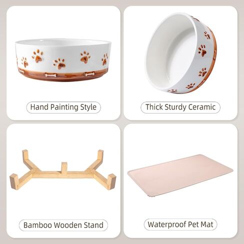 Ceramic Dog Bowls for Small and Medium Dogs, 32 OZ Dog Food and Water Bowl Set with Wooden Stand and Non-Slip Silicone Food Mat, Weighted Embossed Cute Puppy Bowls Feeding Dishes Set of 2 in Saudi Arabia