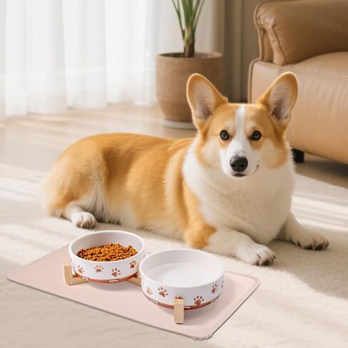 Ceramic Dog Bowls for Small and Medium Dogs, 32 OZ Dog Food and Water Bowl Set with Wooden Stand and Non-Slip Silicone Food Mat, Weighted Embossed Cute Puppy Bowls Feeding Dishes Set of 2 in Saudi Arabia