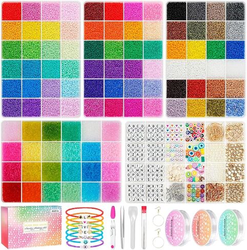طقم سوار الصداقة 4 مم بذور الزجاج ، 15500pcs 96 ألوانًا 6/0 حبات صغيرة لصنع سوار طقم حبة الخصر مع حبات سحر الأسلاك للسلسلة لمجوهرات DIY صنع الفتيات الحرف اليدوية in Kuwait