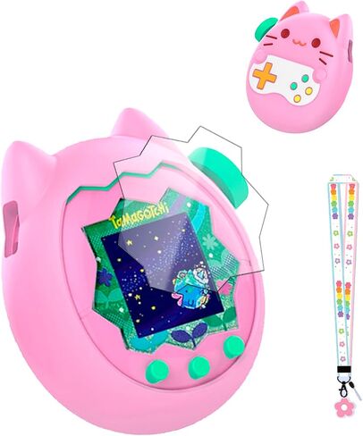 بالنسبة لحالة السيليكون الناعمة في Tamagotchi Paradise وحامي الشاشة Clear TPU ، فليم ، بزاوية 360 درجة كاملة مع حبل سلسلة زهور ، حماية صدمة الخدش ، وردي in Saudi Arabia