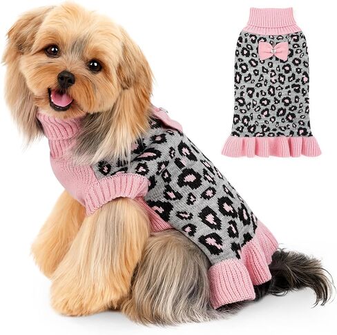 Woyyho Dog Sweater Sweater Dress للكلاب الصغيرة فتاة مع Bowtie turtleneck الكلاب سروال الكلاب مع ثقب مقود دافئ جرو السترة حيوانات أليف كلاب الشتاء ملابس الشتاء تشيهواهوا (م ، كاكي فستان ليوبارد) in Kuwait