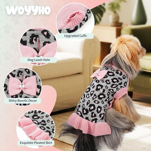 Woyyho Dog Sweater Sweater Dress للكلاب الصغيرة فتاة مع Bowtie turtleneck الكلاب سروال الكلاب مع ثقب مقود دافئ جرو السترة حيوانات أليف كلاب الشتاء ملابس الشتاء تشيهواهوا (م ، كاكي فستان ليوبارد) in Kuwait