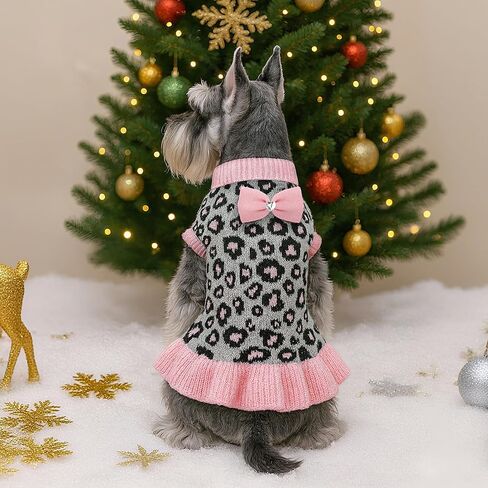 Woyyho Dog Sweater Sweater Dress للكلاب الصغيرة فتاة مع Bowtie turtleneck الكلاب سروال الكلاب مع ثقب مقود دافئ جرو السترة حيوانات أليف كلاب الشتاء ملابس الشتاء تشيهواهوا (م ، كاكي فستان ليوبارد) in Kuwait