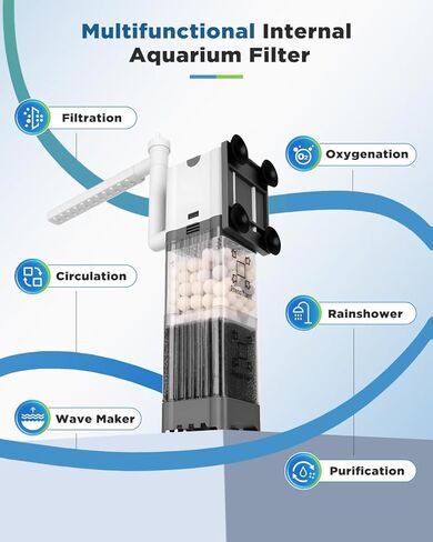 AQQA Aquarium Filter, Fish Tank Filter with Rainshower Pipe Design Adjustable Water Flow, Ultra Silent Biochemical Quartz Balls&Physical Sponge Double Filtration for Fish Tank 35-60 Gallon (8W-200GPH) in Saudi Arabia
