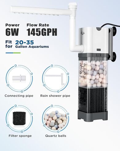 AQQA Aquarium Filter, Fish Tank Filter with Rainshower Pipe Design Adjustable Water Flow, Ultra Silent Biochemical Quartz Balls&Physical Sponge Double Filtration for Fish Tank 35-60 Gallon (8W-200GPH) in Saudi Arabia