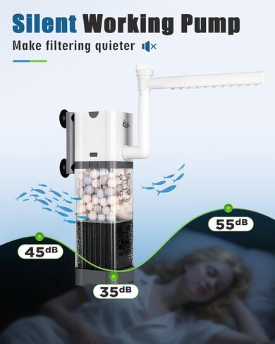AQQA Aquarium Filter, Fish Tank Filter with Rainshower Pipe Design Adjustable Water Flow, Ultra Silent Biochemical Quartz Balls&Physical Sponge Double Filtration for Fish Tank 35-60 Gallon (8W-200GPH) in Saudi Arabia
