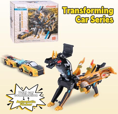 2-in-1 Transformation Dinosaur Car Toy - Magnetic Collision Robot Cars for Kids | Exciting Transforming Play for Boys & Girls | Ideal Birthday (Golden Dragon) in Kuwait