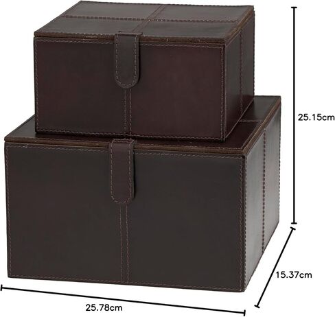 Deco 79 Leather Handmade Decorative Box Storage Decorative Keepsake Boxes with Snap Front Closure and Detailed Stitching, Set of 2 Storage Boxes 10", 8" W, Dark Brown in Kuwait