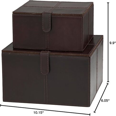 Deco 79 Leather Handmade Decorative Box Storage Decorative Keepsake Boxes with Snap Front Closure and Detailed Stitching, Set of 2 Storage Boxes 10", 8" W, Dark Brown in Kuwait