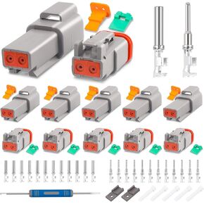 JRready 6 Pin Deutsch Connector Kit DT Series, 6 Pin Way Gray Waterproof DT Connector(5 Set), Size 16 Stamped Contacts 14-18AWG for Car, Truck, Motorcycle, Off-Road Vehicles, Marine, ST6327-6