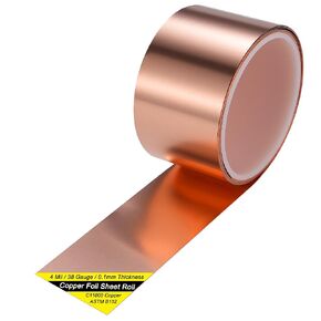 Copper Foil Sheet Roll 3Mil/40Gauge(0.08mm) 2in x 5ft Pure Thin Copper Rolll, ASTM B152 C11000 99.9+% Soft Copper Flashing Metal Foil for Craft,Electrical,House Repair,Decoration,and DIY
