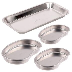 Swpeet 4Pcs 304 Stainless Steel 2 Shapes Square and Kidney Surgical Tray Assortment Kit, Metal Instrument Tray Dental Procedure Lab Instruments for Medical Instruments, Tattoo, Flat Bottom Tray