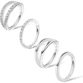 4Pcs Silver Hinged Hoop Earring Nose Ring Hoop Surgical Steel 18G Clicker Earring Hoops Piercing Jewelry for Women Men(8mm)