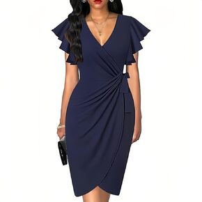 G&Y Women's Deep V Neck Ruffle Sleeve Midi Dress - Classic Cocktail Party Work Faux Wrap Sheath