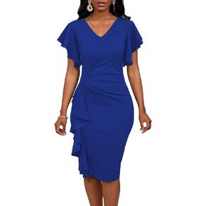 Summer Church Dress for Women V Neck Ruffle Short Sleeve Bodycon Cocktail Work Midi Dresses