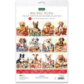 Katy Sue Designs Picnic Pups Die Cut Topper & Decoupage Collection. 4 Sheets of Dog-Themed Square Card Toppers & 4 Sheets of Matching Die Cut Decoupage Sheets for Card Making Supplies & Craft Supplies