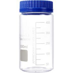 4 Pack 150 mL Wide Mouth Graduated Round Borosilicate Reagent Media/Storage Lab Glass Bottle With GL70 Blue Polypropylene Screw Cap